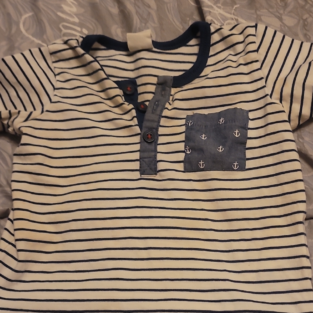 H&M Cream and Navy Striped Kids Tee with Anchor Pocket